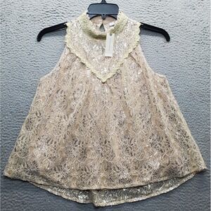 Q&A Anthropologie Blouse Top Womens S Multi Lace Metallic Sleeveless Mock Neck